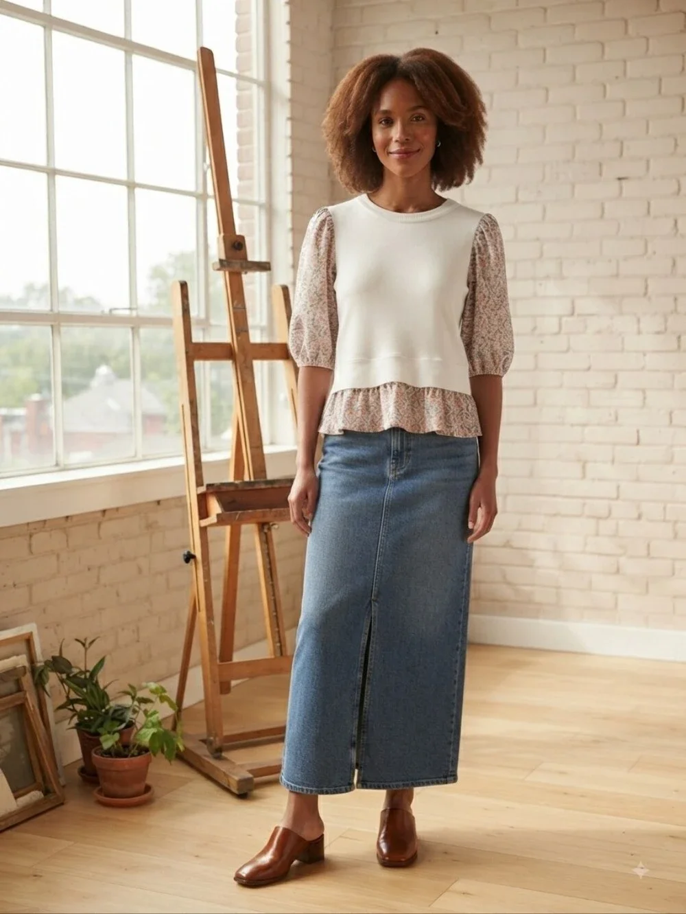 Anthropologie White Top with Floral Puff Sleeves Size MED